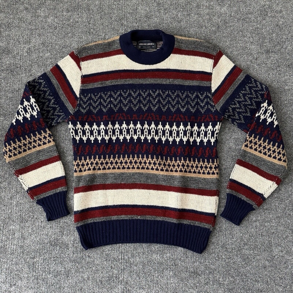 Robert Bruce Sweater Medium Mens Blue Knit Pullover USA Made Fair Isle Fisherman
